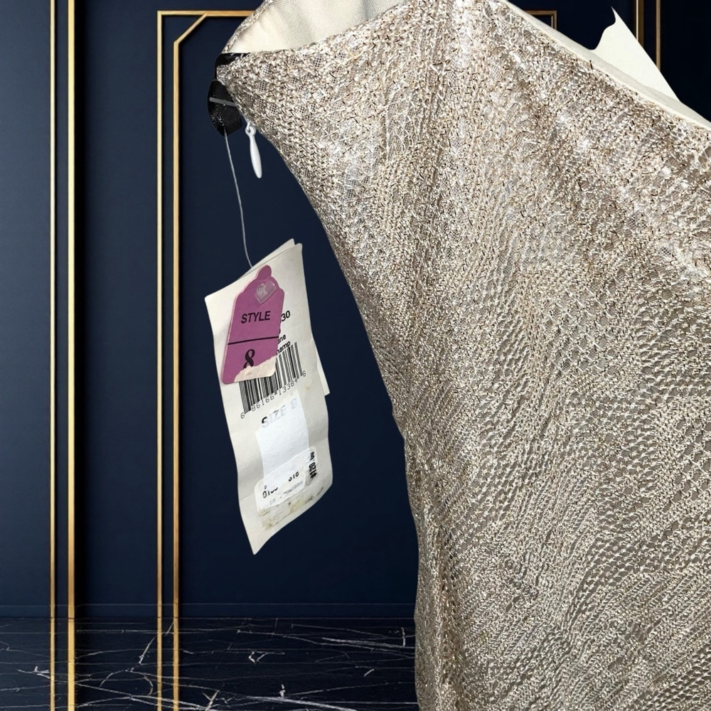 Arianna/Rachel Kaye New Tags Metallic Gold Netted Lined Sleeveless Dress Women 8 - Picture 7 of 9